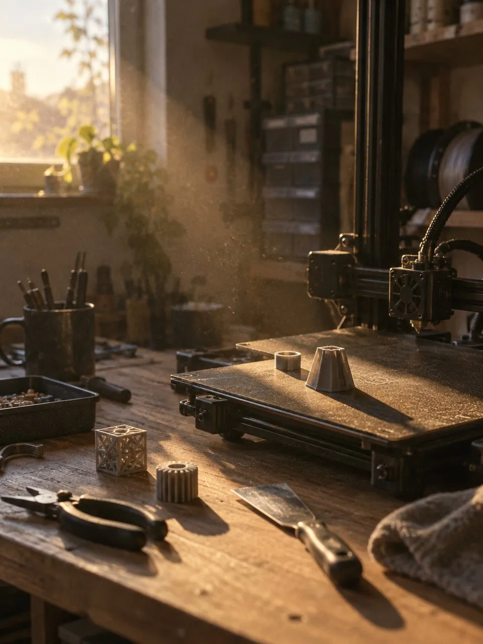 Late light falling across the work bench.