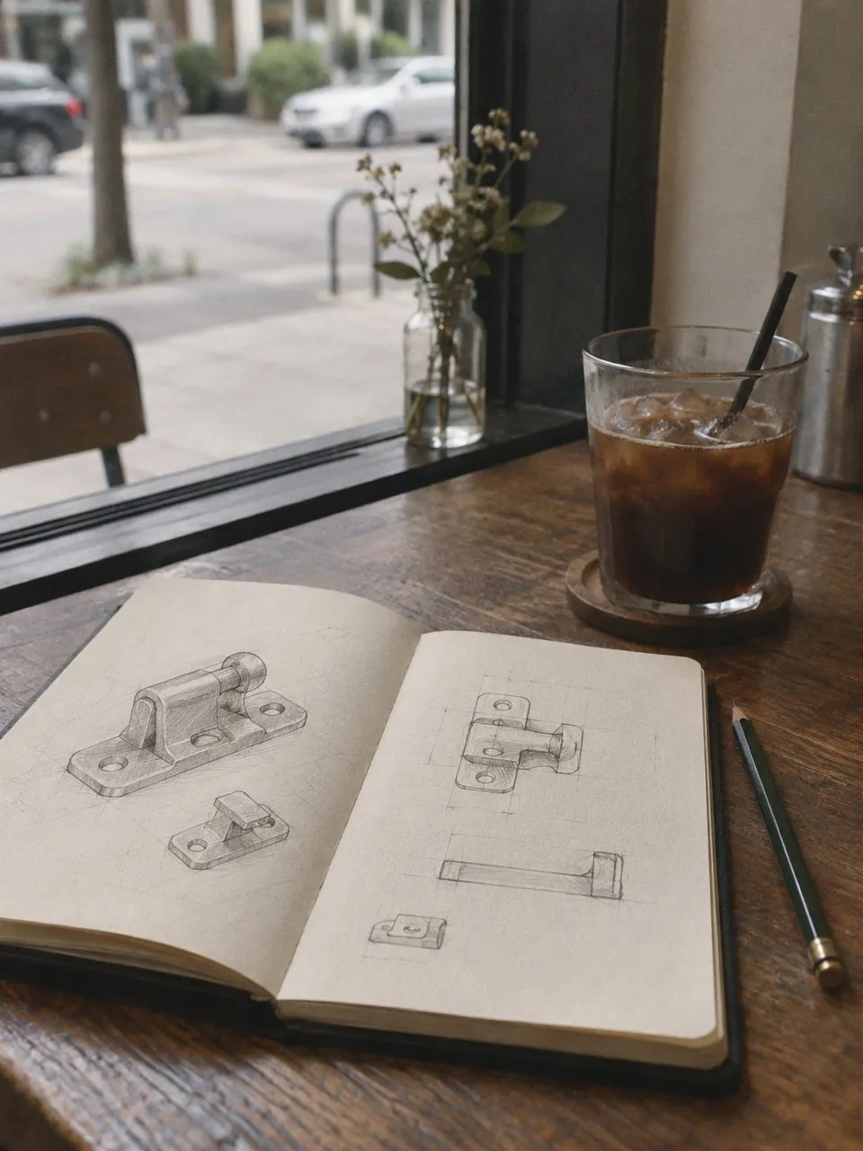 A sketchbook by a cafe window.