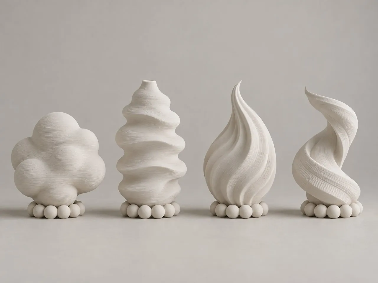 Awan, Kabut, Air and Angin in a row, each on a beaded base.