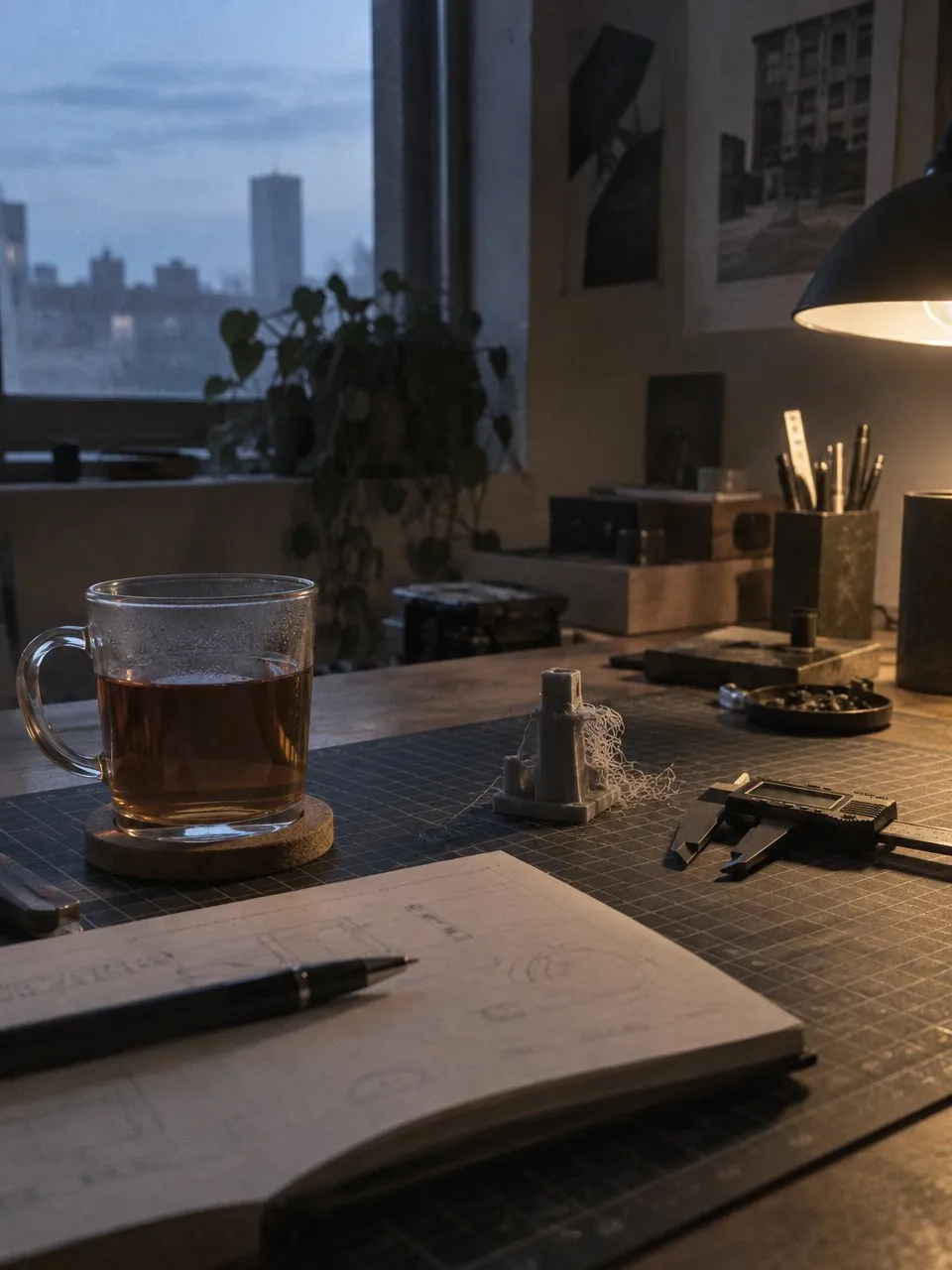 A desk with a cup of tea, calipers and a failed print.