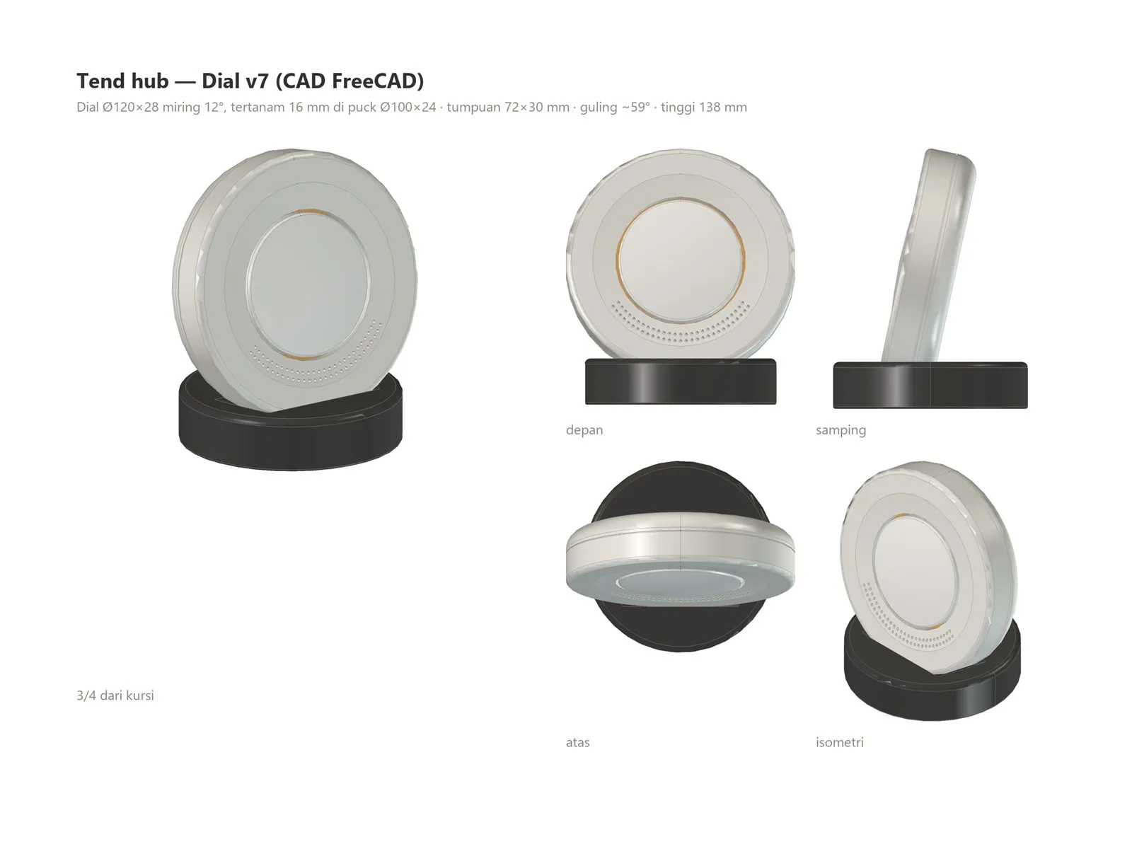 The TEND hub modelled in CAD from four views.