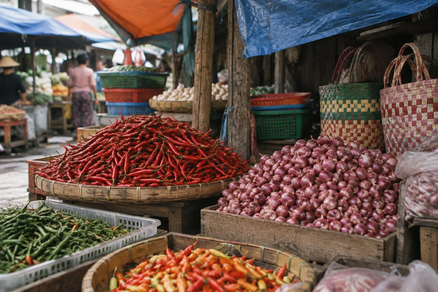 Stalls of a traditional market, full of colour.