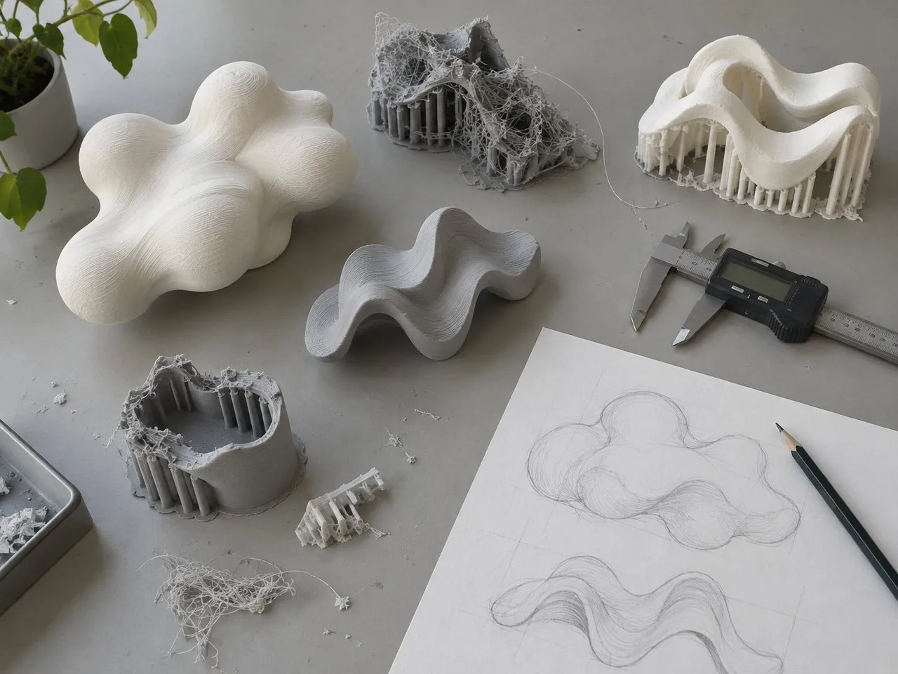 Early form studies and failed prints on the bench.